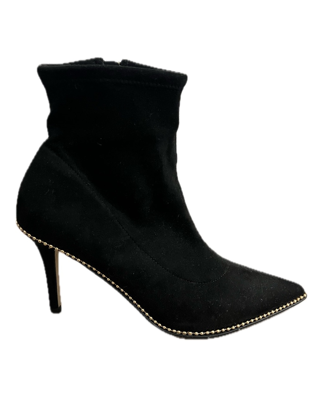 Coach Black Suede Stiletto Ankle Boot with Gold Trim Size 8.5